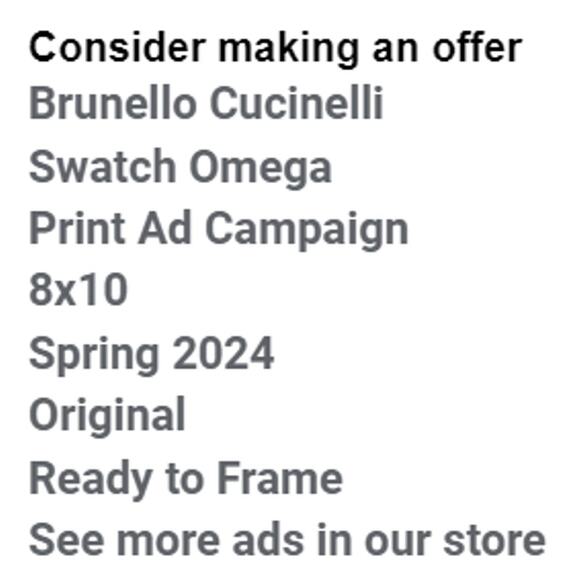 Brunello Cucinelli and Swatch Omega Print Ad Campaign Spring 2024 8x10 Original - Picture 2 of 6